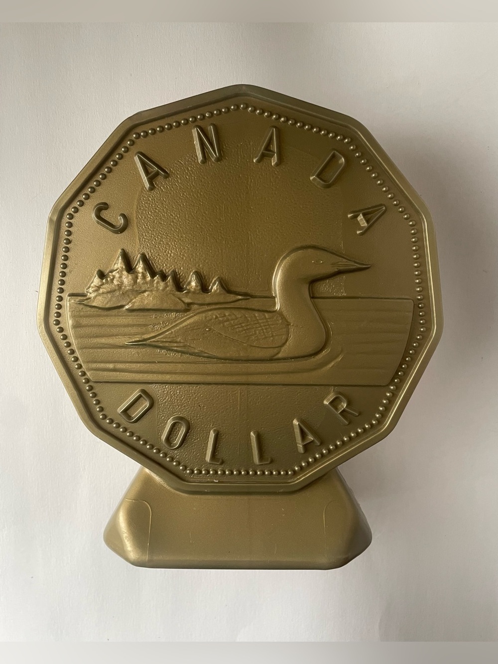 Vintage Canada Dollar Loonie Coin Bank Metallic Gold
